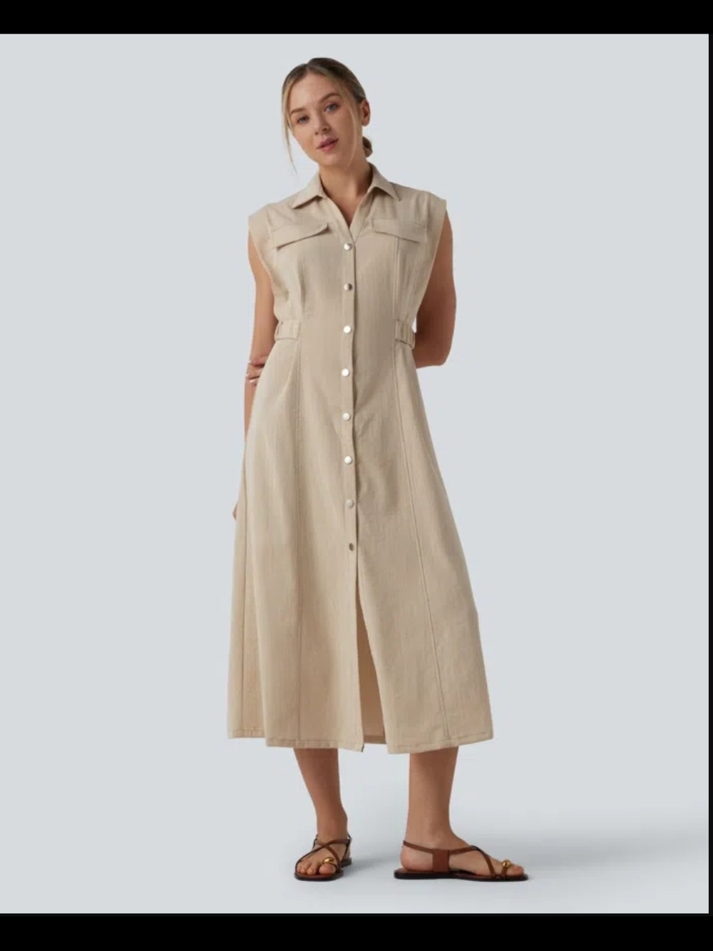 NWT HALARA Sleeveless Button-Front Midi Dress in Beige